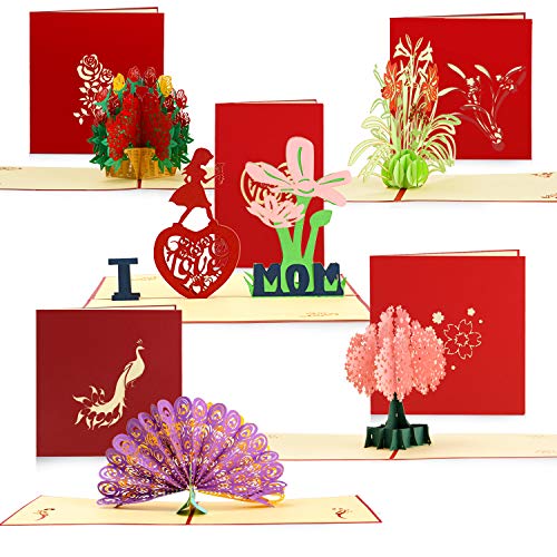 5 Stücke 3D Pop Up Karten Blumen Pfau Grußkarten mit Umschlag für Geburtstag Karten, Muttertagskarte, Abschlusskarten, Erntedankkarte, Jubiläums und Weihnachtskarte, 5 Stile
