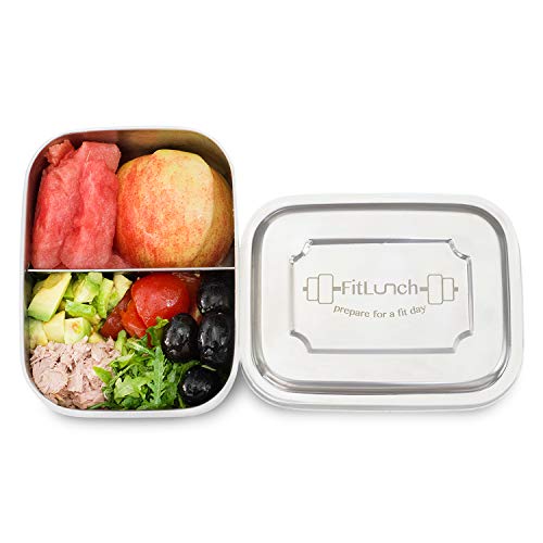 FitLunch Edelstahl Brot-Dose I Lunch-Box I PLASTIKFREI I BPA Frei I 1000ml I Spülmaschinen-Fest mit Zwei Fächern und Trennwand