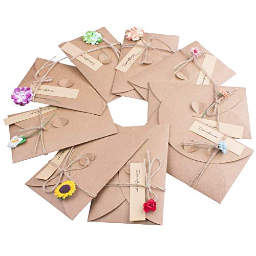 Grußkarten,9 Multipack Blanko Retro Grußkarte mit Umschläge Handgemachtes Kraftpapier Karte für Geburtstag Weihnachten Hochzeitstag Muttertag,Blumen+Jute Twine